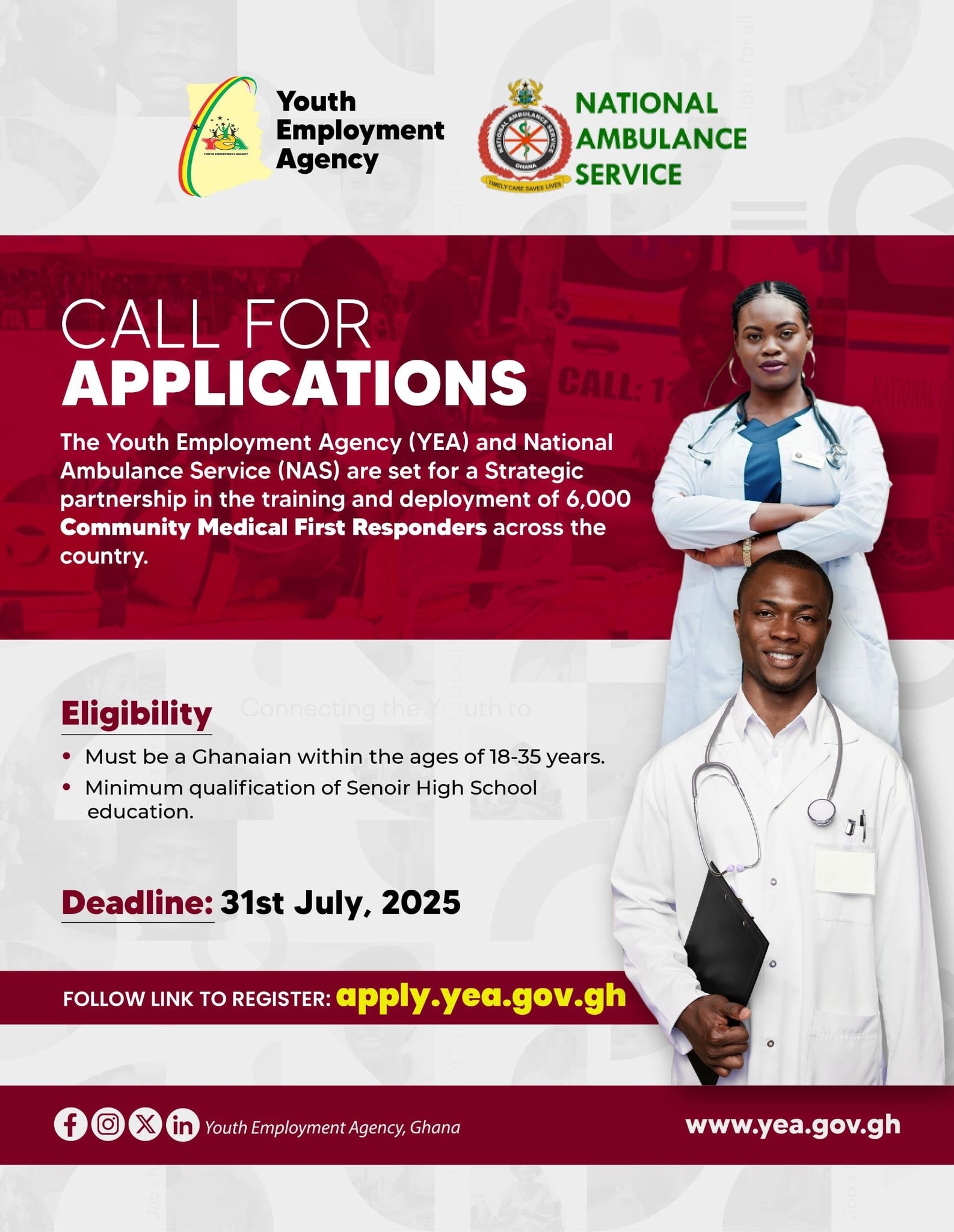 CALL FOR APPLICATIONS! YEA and NAS to train and deploy 6000 Community Medical First Responders