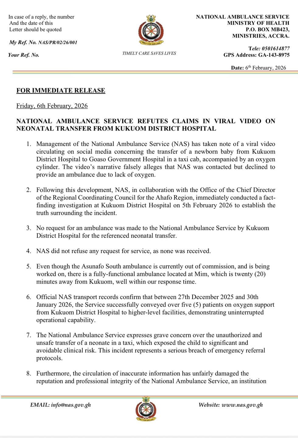 🚨🚨PRESS RELEASE REFUTING CLAIMS IN VIRAL VIDEO ON NEONATAL TRANSFER FROM KUKUOM DISTRICT HOSPITAL.